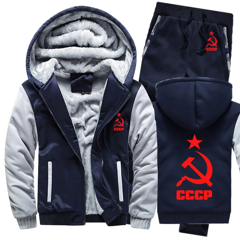 Зимний флисовый утепленный спортивный костюм CCCP, русские толстовки, мужские повседневные теплые свитшоты из СССР и Советского Союза, куртка+ штаны, комплекты из 2 предметов