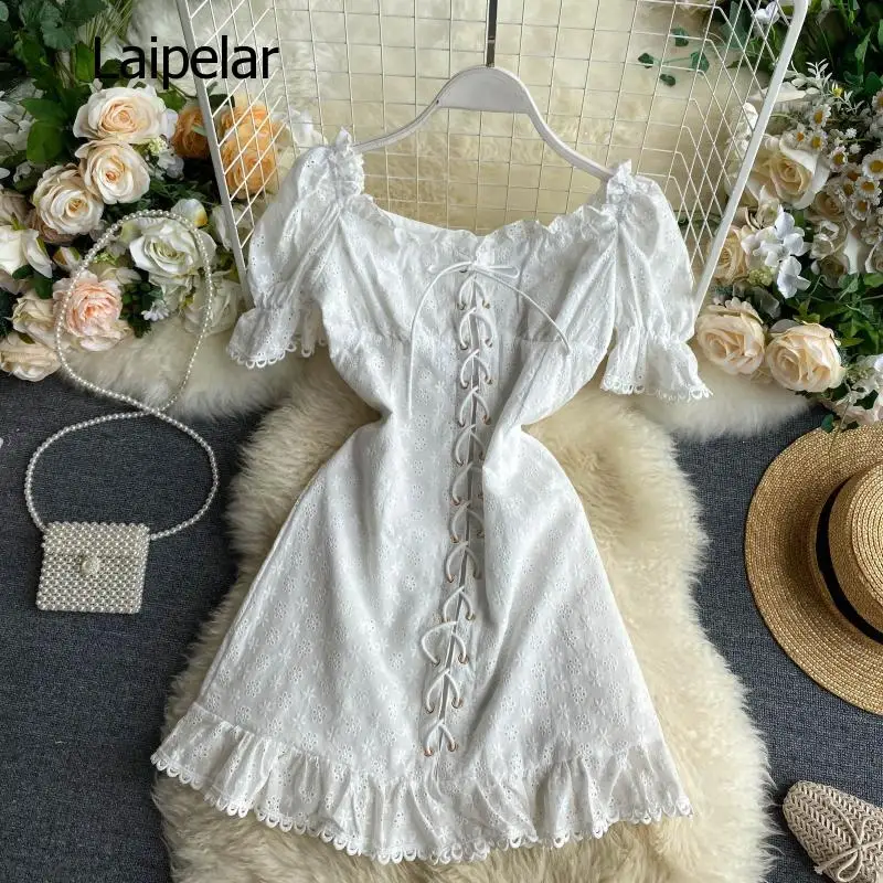 

Women 2020 New Chic Purple Short Dress Retro Square Collar Puff Sleeve Drawstring Dress Fashion Korean Streetwear Dress