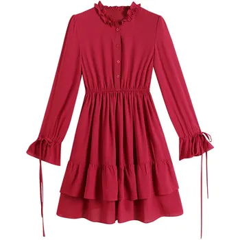 

New Arrival 2020 Womens Spring O Neck Long Flare Sleeve Empire Chiffon Dress Female Single Breasted Sexy Mini Dress With Ruffles