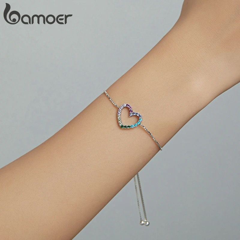 bamoer 925 Sterling Silver Rainbow Colorful Heart Pattern Love Zircon Adjustable Bracelet Chain for Women Fine Jewelry SCB216 - Image 3
