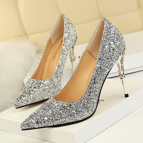 

9219-12 Western Style Fashion Sexy Nightclub WOMEN'S Shoes Metal with Thin Heeled High-Heel Shallow Mouth Pointed Sequin Shoes