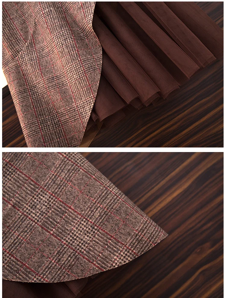 Осенне-зимние элегантные женские комплекты с воротником-бабочкой, пуловер с длинными рукавами, свитер+ сетчатая Лоскутная клетчатая юбка-миди, комплект из 2 предметов