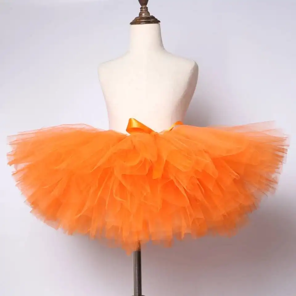 

New retail Girl Orange Tutu baby fluffy ballet Tulle pet skirt with ribbon bow children's party