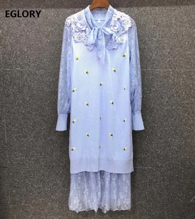 

One Piece Dress 2020 Autumn Winter Runway Style Women Bow Collar Knitting Lace Patchwork Long Sleeve Blue Apricot Sweater Dress