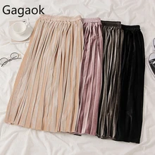 Gagaok Женская юбка в консервативном стиле весна осень новая однотонная до колена имперская Вельветовая свободная дикая ретро Женская мода плиссированная