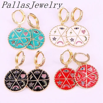 

5Pairs, Zirconia CZ Micro Pave Eye Star Heart Moon Round Enamel Dange Charm Earring For Women Lady