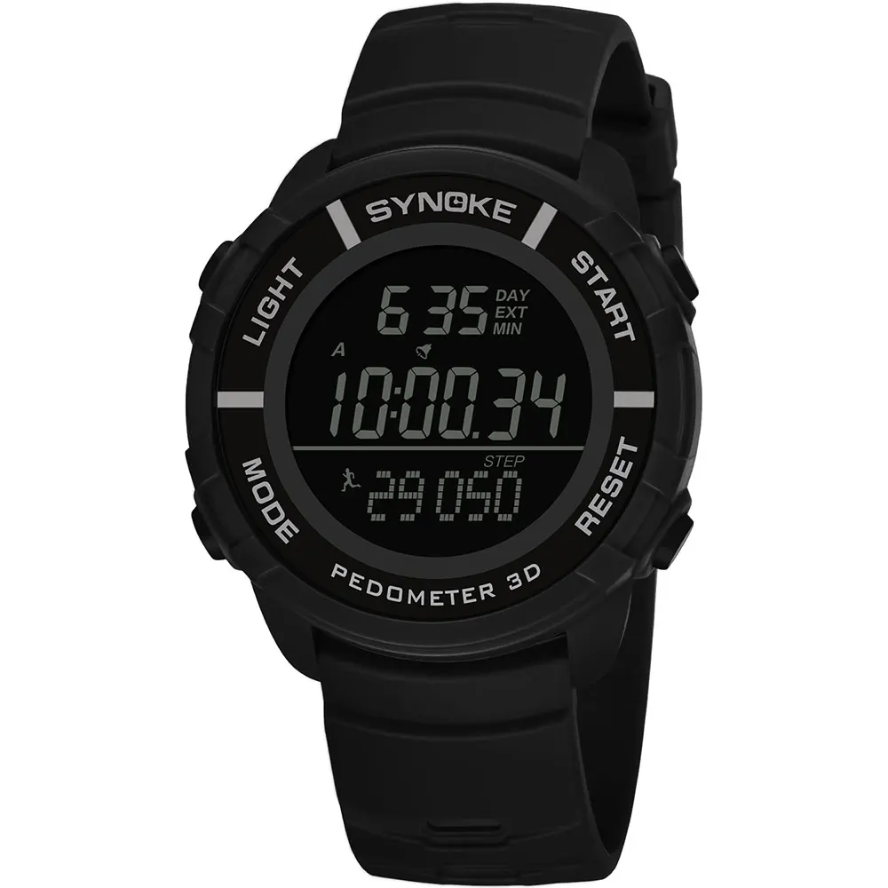 SYNOKE спортивные мужские цифровые часы, водонепроницаемые, шагомер, двойное время, часы с будильником, мужские часы Chrono, цифровые наручные часы - Цвет: Black