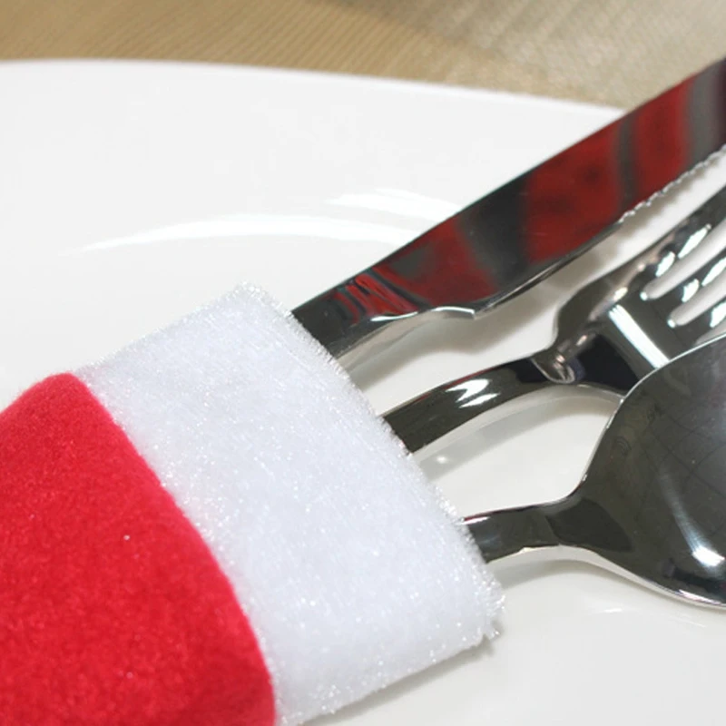 100 Pack Cotton Christmas Santa Hat for Silverware Wine Bottle Holder Christmas Utensil Cutlery Holder Bags Pouch New Year Decor