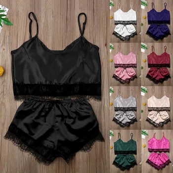 

Summer Home Clothes Sheer Satin Pajamas Set Women Sexy Lingerie Lace Trim Camisole Shorts Pijama Mujer Sexy Sleepwear Nightwear