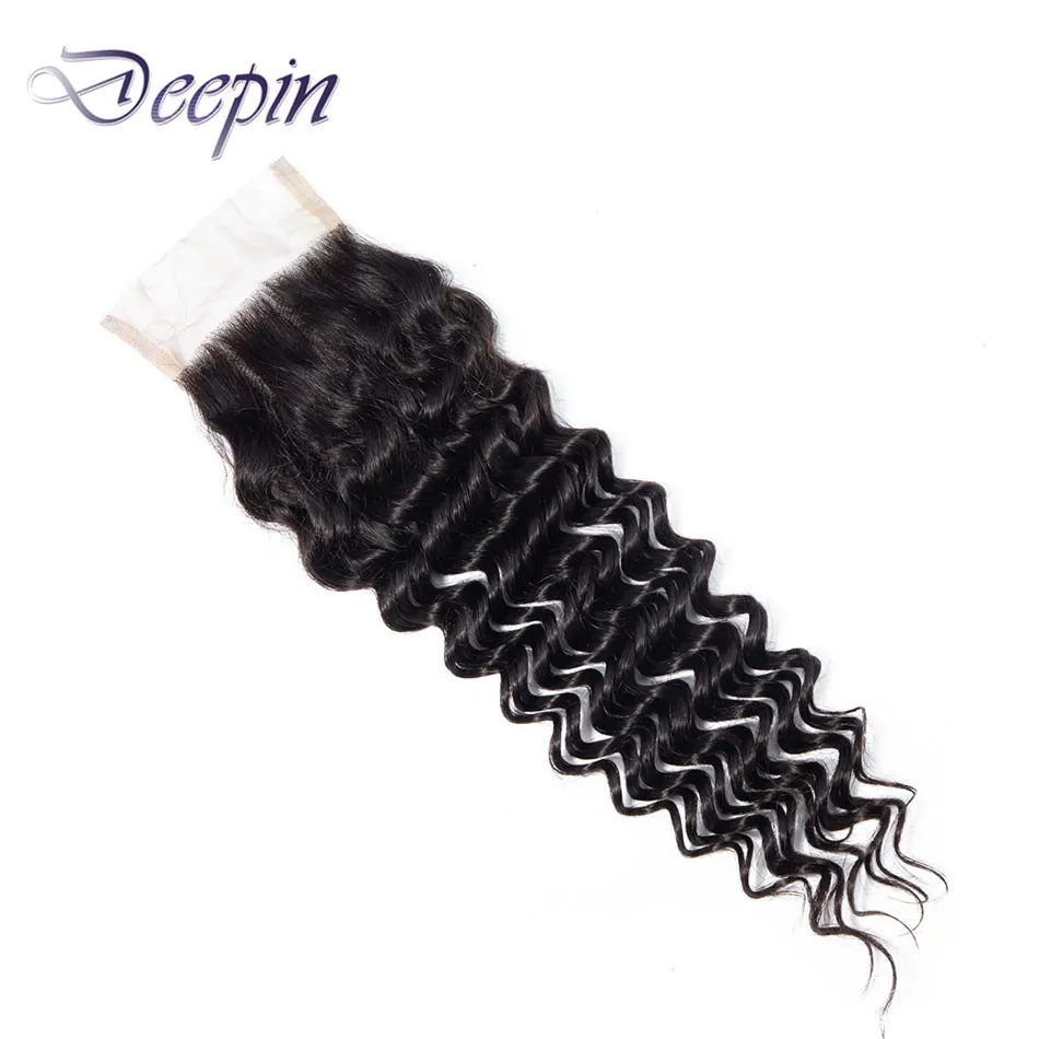 Cabelo humano brasileiro onda profunda 4*4 fechamento do laço livre/meio/três parte 8-22 polegadas não remy cabelo para a cor natural feminina deepin