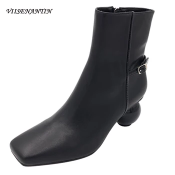 

Winter Real Leather Strange Thick Heel Short Boots Female Temperament British Square Toe Side Zipper Belt Buckle Vintage Shoes