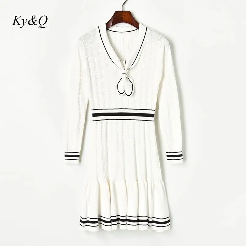 Runway Design Clothes 2020 Autumn Black White Button Elegant Luxury Bow Tie High Waist Ruffled Knitted Midi Dress Women Dress