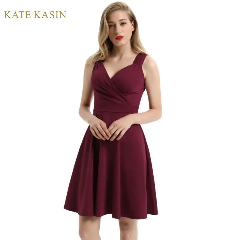 

Kate Kasin Vintage Women Sleeveless Wine Red Pleated A-Line Dress Summer Knee Length Swing Dresses Slim V Neck Party Midi Dress