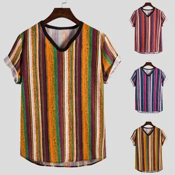

Men's Short Sleeve Casual Striped Hawaiian Shirt Blouse T-shirt V Neck Tee M-3XL tshirt men clothing футболка мужская футболки