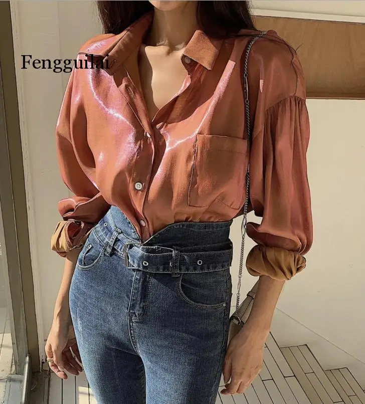 

2020 Summer Reflective Loose Vintage Fashion Solid Thin Tops Retro Elegant Women All Match Casual Shirts 2 Colors