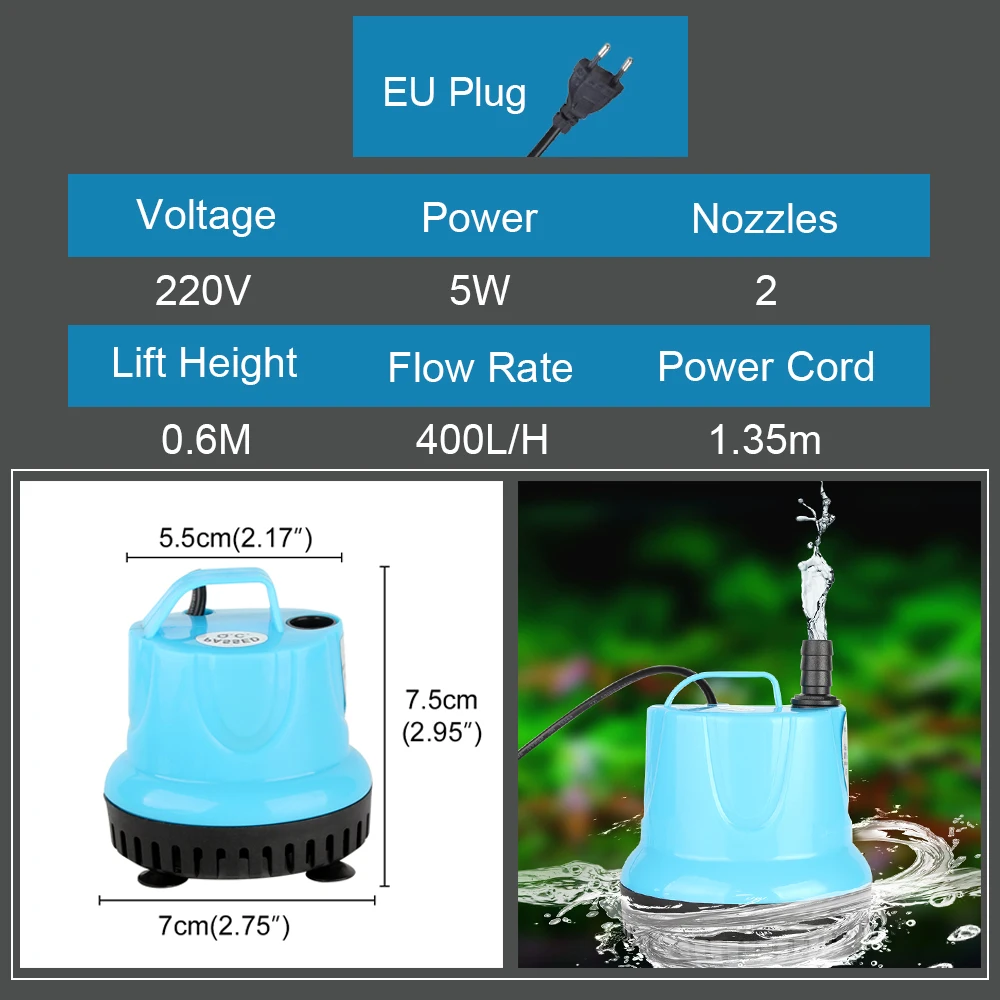 Senzeal ультра-тихий аквариумный водяной насос, насос для аквариума, погружной насос 3 Вт/5 Вт/10 Вт/15 Вт, аксессуары для аквариумного пруда, фонтана - Цвет: 5W-EU-220V-Blue