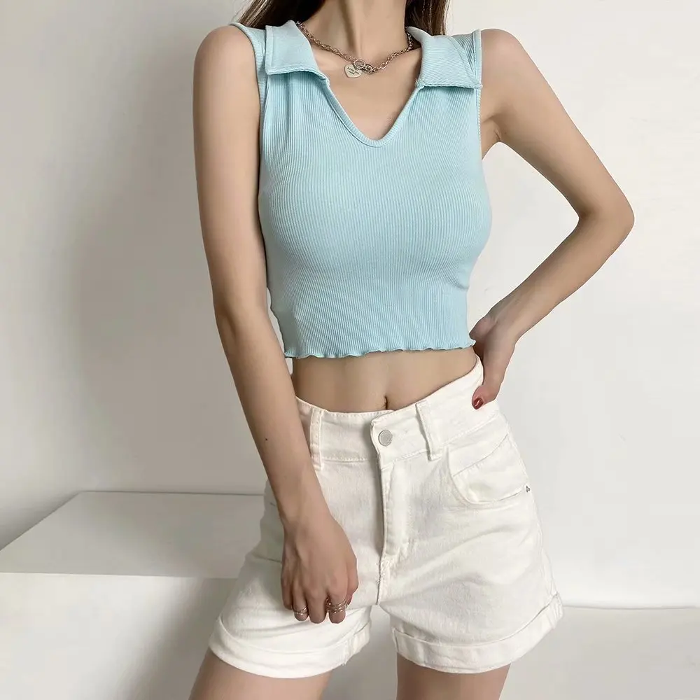 

Sexy Knitted Turn-Down Collar Cropped Tops T Shirts Women Summer V Neck Sleeveless Skinny Tshirt Casual Slim Stretch Fungus Vest