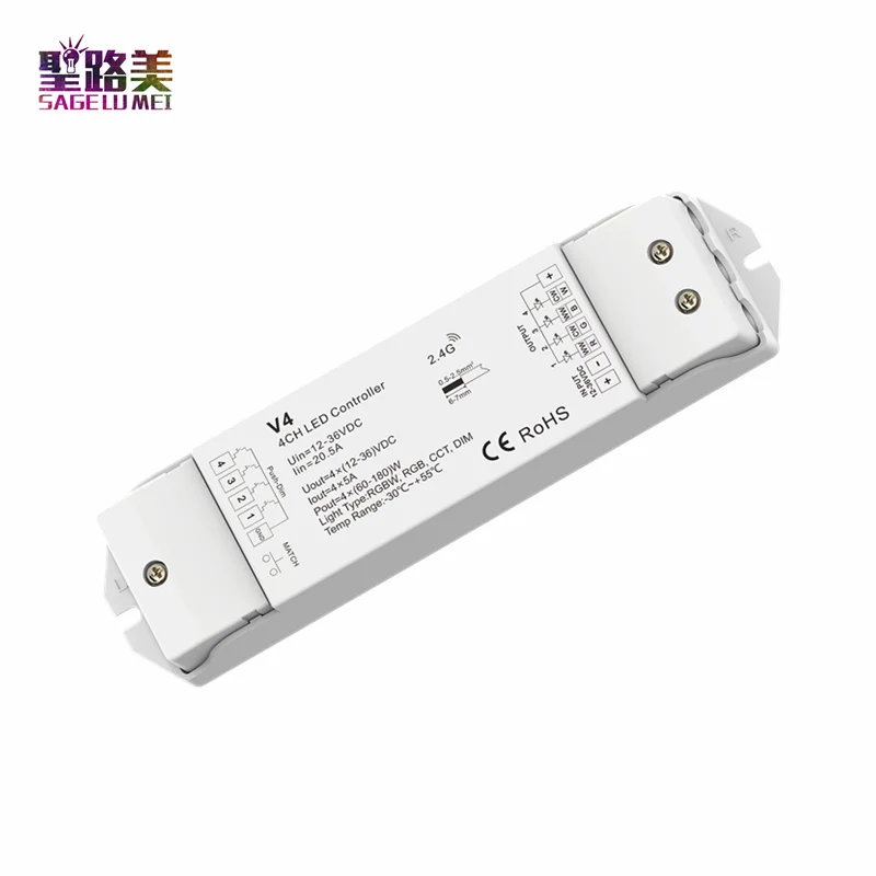 V4  12-36VDC 24V RGBW/RGB/CCT/Dimming 4 Channel LED RF Controller Receiver 4CH 5A/CH Push Dim /Multiple protection CV 4 8 12 16 24 channel hdmi to ip hotel iptv 4k webcast push streaming hls udp rtmp ndi protocol h264 h265 video encoder