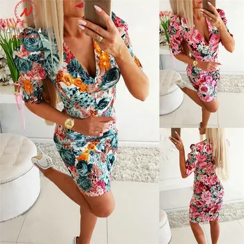 

Elegant Women Summer Flower Print Pencil Dress Patchwork Design Deep V Half Sleeve High Waist Slim Hips Pullovers Mini Dress