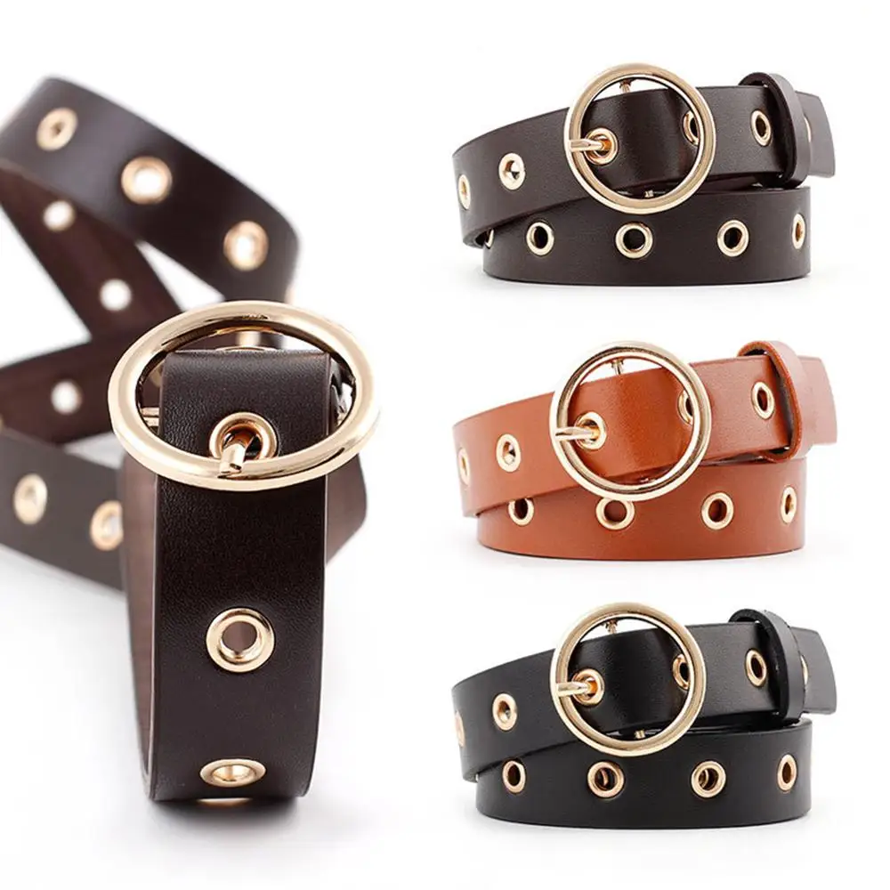 

Women metal gold Round Buckle Eyelets Adjustable Faux Leather Belts deduction side gold buckle jeans wild belts for women Pants