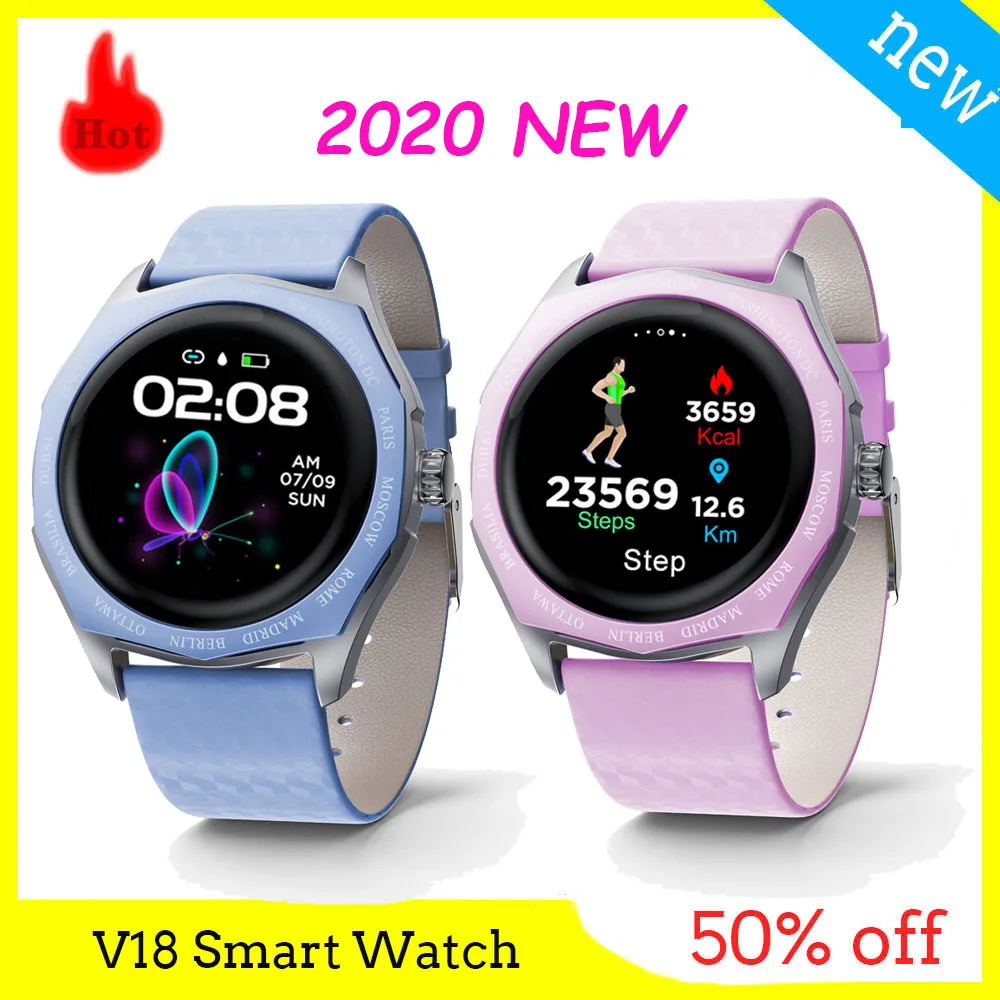 

V18 Global Smart Watch Women Heart rate blood pressure measurement Full Round Touch Screen Lady Smartwatch Bracelet with charger