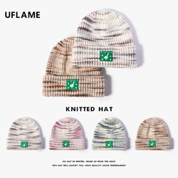 UFLAME Wool Cartoon Patch Beanies Hat for Women Men Colorful Knitted Cap Unisex Winter Hat Warmer Skullies Beanies Casual Bonnet