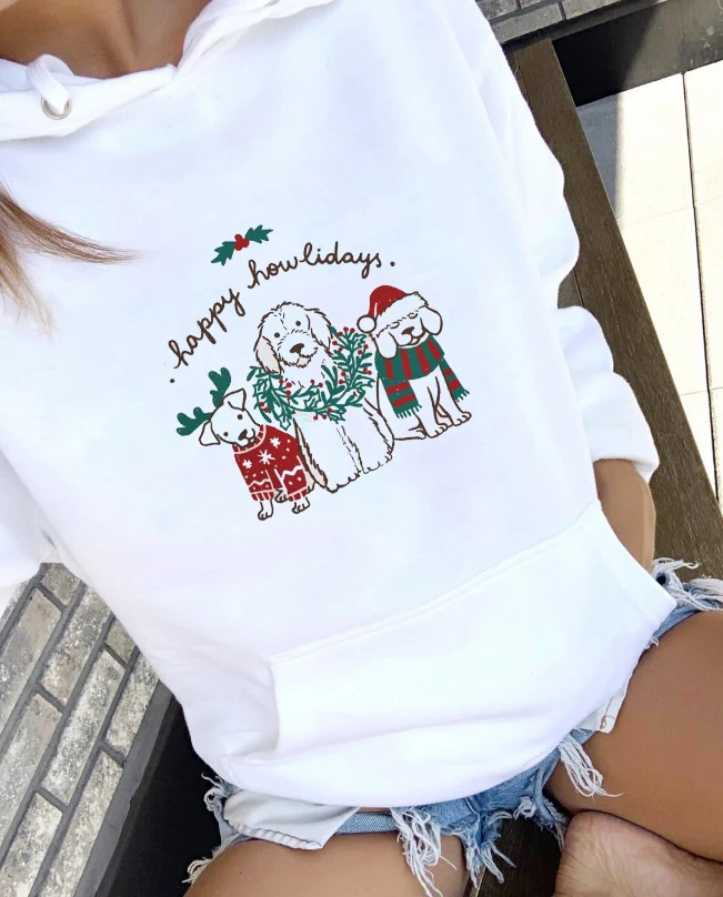 Новинка года; толстовка с капюшоном HAPPY HOWLIDAYS; толстовка с принтом милой собаки; толстовки с цветным принтом; рождественские Топы в стиле Харадзюку; Повседневный пуловер
