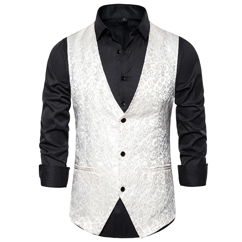 Черный жаккард Мужская костюмная жилетка бренда Slim Fit V образным вырезом повседневный деловой жилет Для мужчин выходные туфли на выпускной вечерние костюм для дискотеки жилет Для мужчин куртка без рукавов - Цвет: white