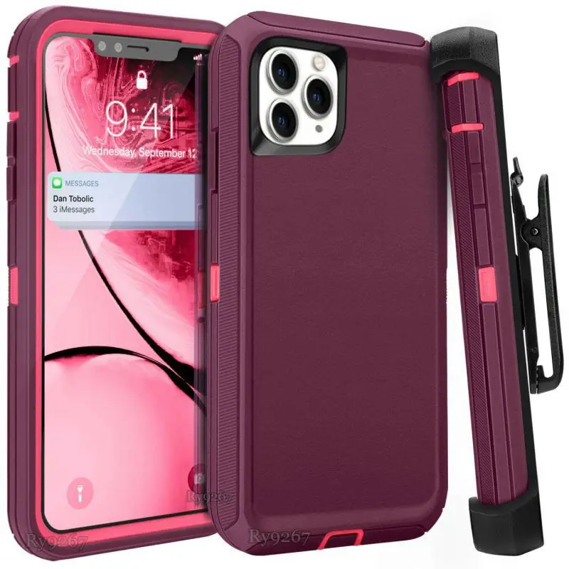 Чехлы для IPhone 11 Pro с задней клипсой многослойная защита Противоударная и Sho карта памяти - Цвет: Розово-красный