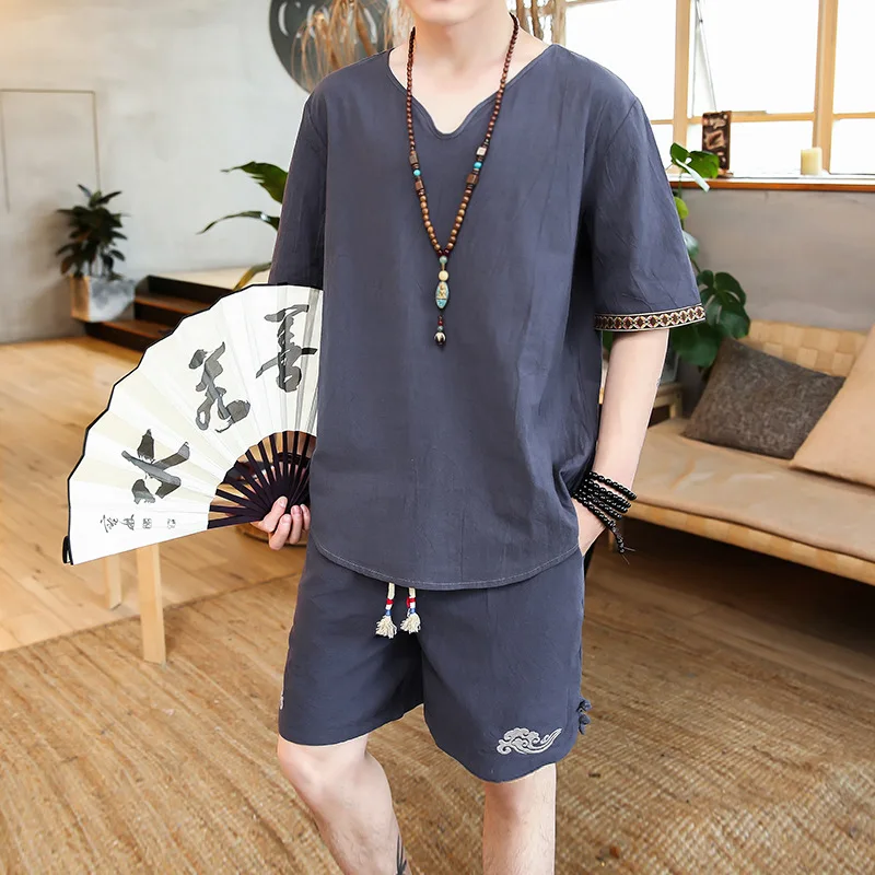 

Chinese-style 2019 Ethnic-Style Set Loose Casual Xiangyun Embroidered V-neck Young MEN'S Retro Flax Men'S Wear