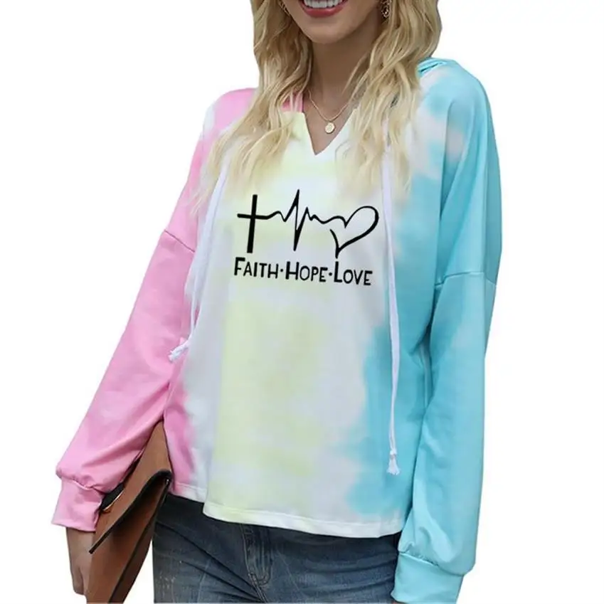 Women Plus Size Tie-Dye Hooded Long Sleeve Sweatshirt Hoodies For Women Faith Hope Love Letters Print Oversize Ladies Pullovers