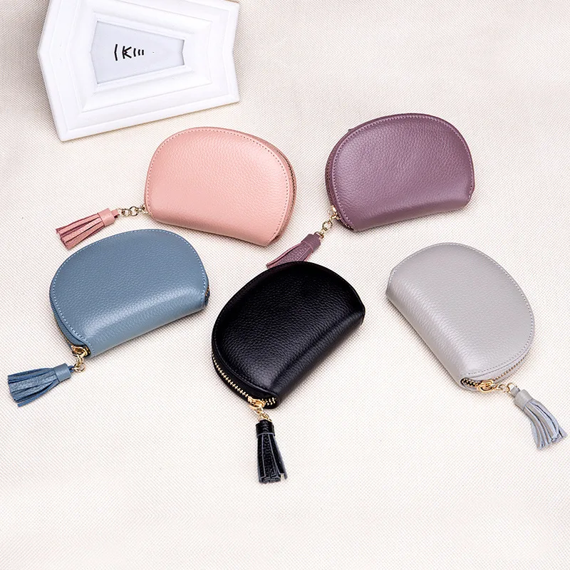 

Korean Style Women's Genuine Leather Solid black/pink/blue/gray/purple Color Tassel Zipper Cards Licence Wallet Purses