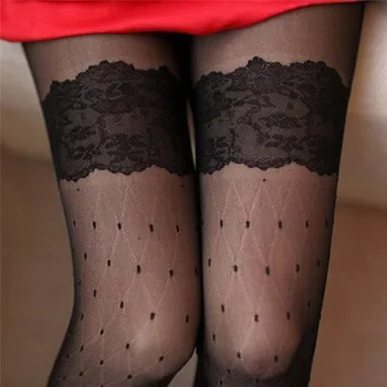 

Sexy Women Tights Over Knee Lace Plaid Dots Sheer Black Temptation Suspender Patchwork Pantyhose Tights