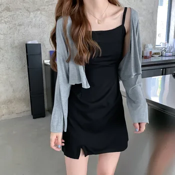 

2020 Summer New Style Korean-style Long Sleeve Versatile Western Style Sun-resistant Coat Charade Slit Strapped Dress Two-Piece