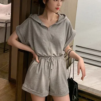 

2019 Summer Casual Black Grey Women Jumpsuit Short Sleeve Elastic Waist Female Playsuit