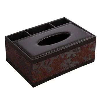 

Multifunctional Desktop Organizer Remote Control Holder Pencil Scissor Container PU Leather Tissue Box(Black)