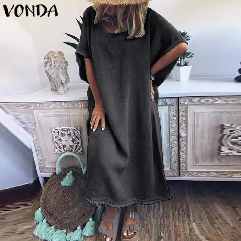 VONDA/летнее платье, сексуальное, с круглым вырезом, с коротким рукавом, в богемном стиле, однотонные платья, Пляжное длинное платье, женские вечерние платья, большие размеры