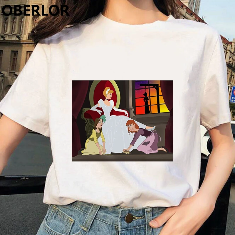 Camisetas Verano Mujer футболка принцессы с принтом Золушки женская летняя белая с коротким рукавом Harajuku Эстетическая одежда - Цвет: 5021878-WH