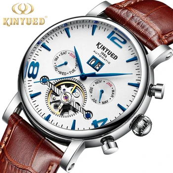 

KINYUED Automatic Mechanical Mens Watches Skeleton Tourbillon Watch Sport Army Business Clock Perpetual Calendar Erkek Kol Saati