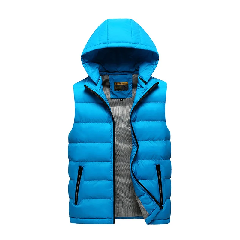 M-5XL зимние мужские жилеты с капюшоном без рукавов куртки теплые 20D ватные Дутые жилеты жилет пальто плюс размер - Цвет: Sky Blue