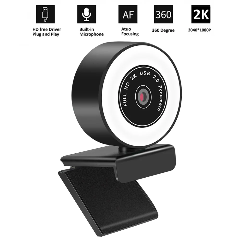 

Webcam 1080P 2K Auto Focus USB Camera With Microphone Light Tripod Web Camera For Computer Twitch Skype OBS Steam