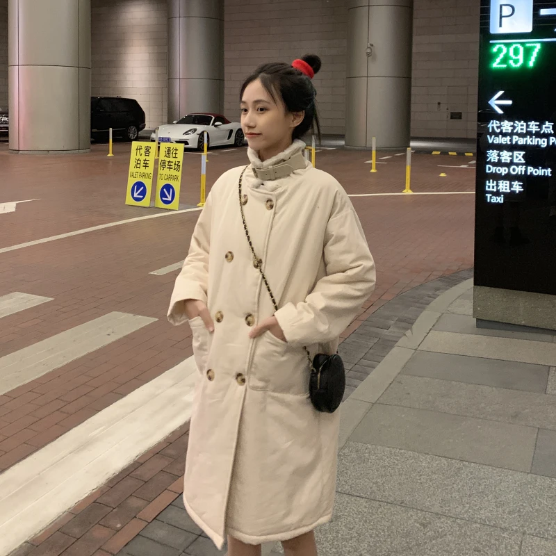 Harajuku, куртка из овечьей шерсти, женская мода, двубортный, с длинным рукавом, Термальный, хлопок, куртка для девушек, одноцветная, тонкая, мешковатая, для женщин