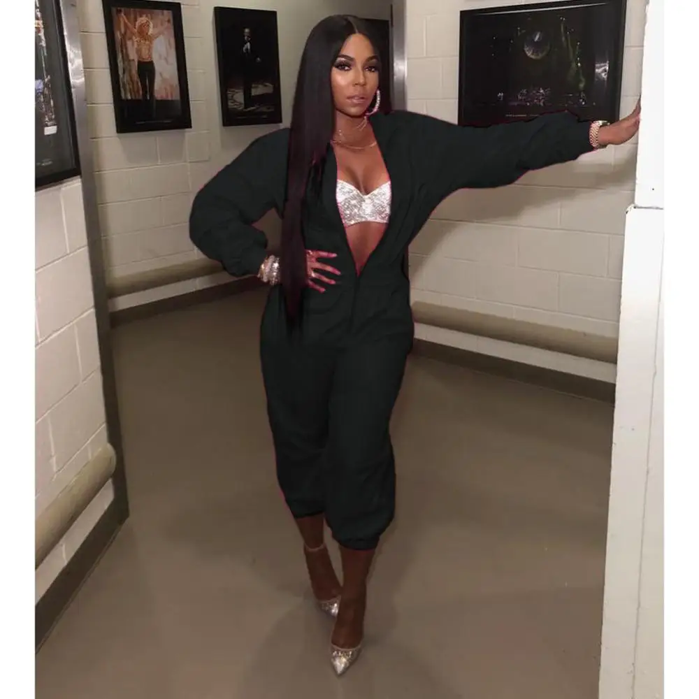 2020 Autumn Female Deep V Hollow Sexy Solid Color Zipper Long Sleeve Women  Jumpsuit