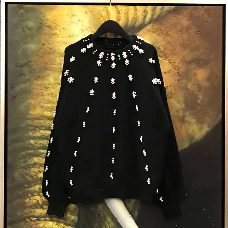 

Heavy Pearls Beadings Chic Sweater Women Lantern Sleeve Casual Oversized Knitted Jumper Jersey Autumn O Neck Black Knit Pullover