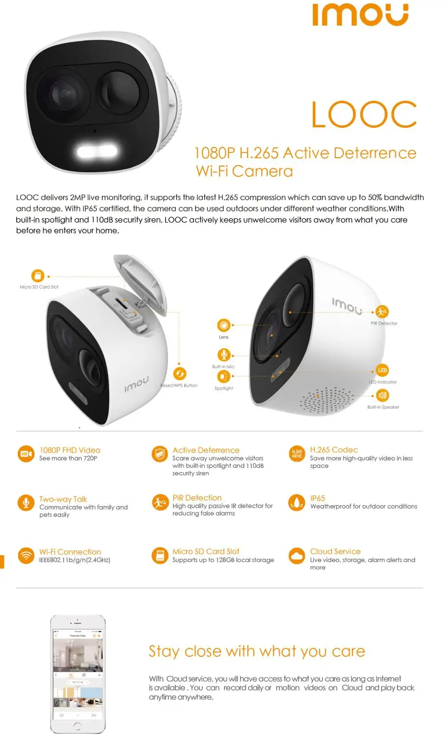 Dahua IMOU LOOC 1080P HD Wifi Camera with LED Light Surveillance CCTV Wireless In/Outdoor SD Card Weatherproof PIR Detect H.265