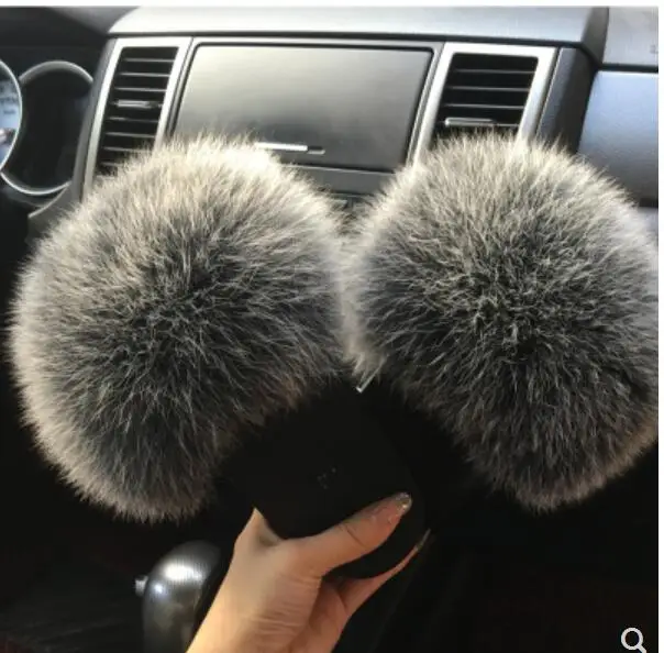

Real Raccoon Fur Slippers Winter Women Slider Casual Fox Hair Flat Fluffy Fashion Home Summer Big Size 45 Furry Flip Flops Shoes