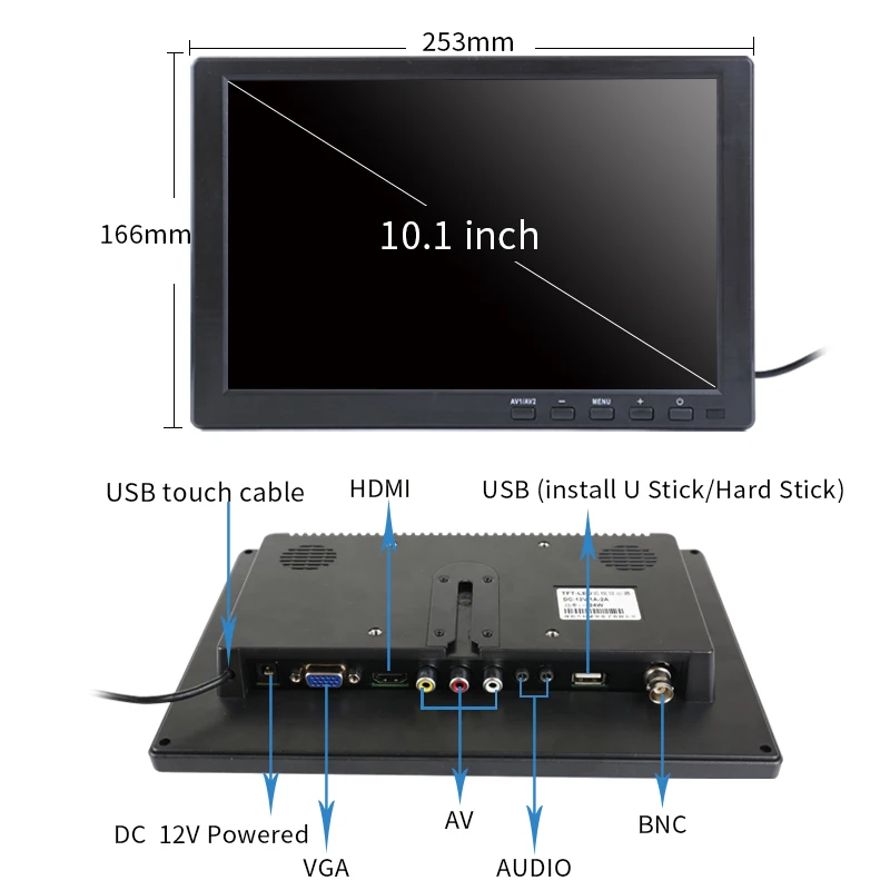 Монитор портативный 10,1 дюймов lcd HD сенсорный экран компьютер ПК экран 2 канала видео в безопасности монитор с динамиком HDMI VGA USB