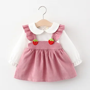 

2020 Autumn Baby Girls Fake Two-Piece Strawberry Cute Dress Strap Sweet Girl's Long Sleeve Dress Corduroy Princess Dress Kids