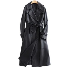 FAKUNTN Long black leather trench coat for women long sleeve belt lapel Women fashion 2020 Luxury spring British Style outerwear
