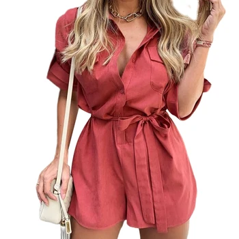 

Women Fashion Half Sleeve Stand Collar V Neck Solid Color Playsuit Summer Casual Jumpsuit Playsuit With Sashes